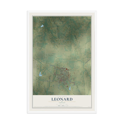 Map of Leonard, Texas, 12 x 18 inch print in a white wood frame