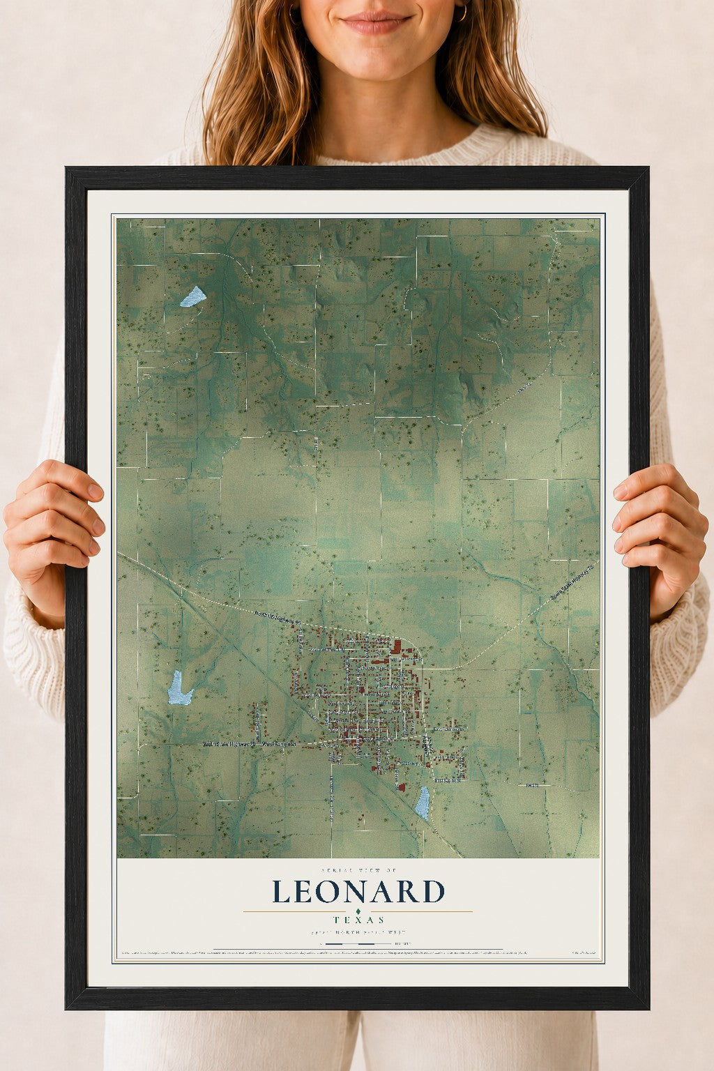 Map of Leonard, Texas, 18 x 24 inch print in a black wood frame