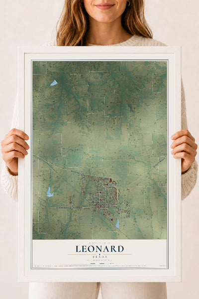 Map of Leonard, Texas, 18 x 24 inch print in a white wood frame