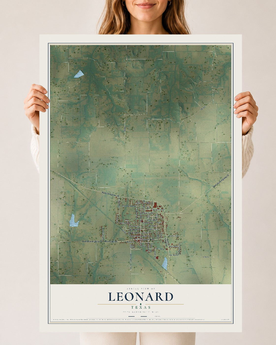 Map of Leonard, Texas, 24 x 36 inch unframed archival matte print