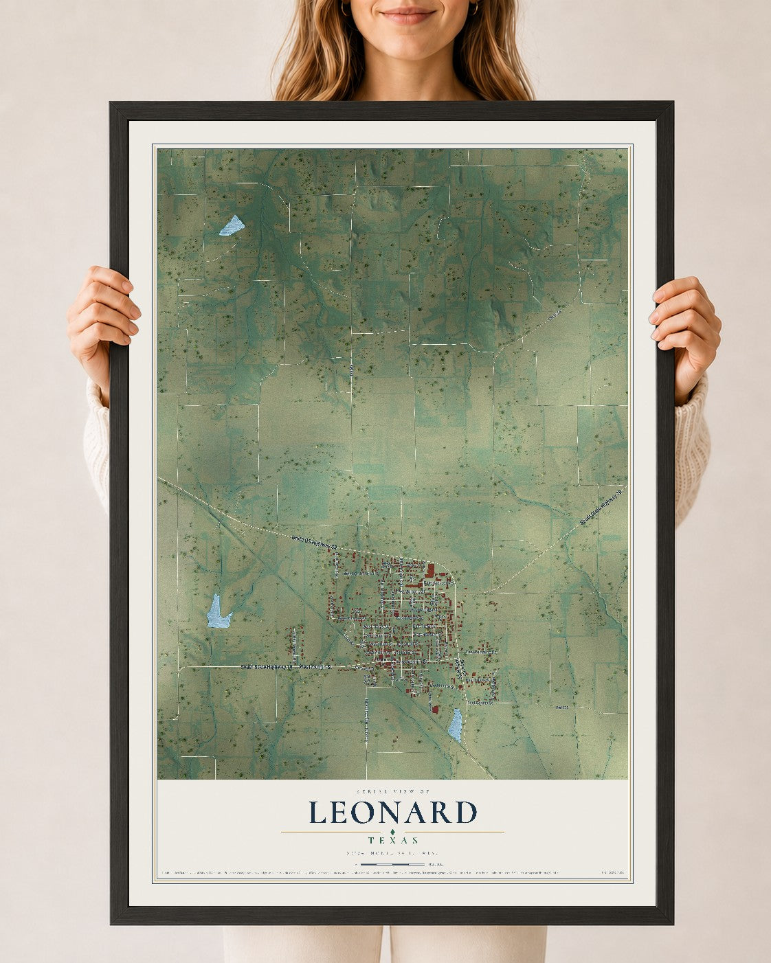 Map of Leonard, Texas, 24 x 36 inch print in a black wood frame