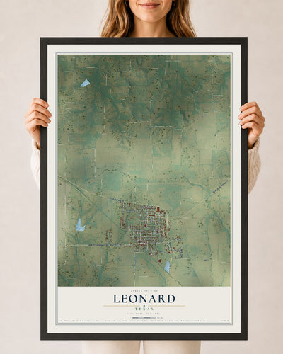 Map of Leonard, Texas, 24 x 36 inch print in a black wood frame