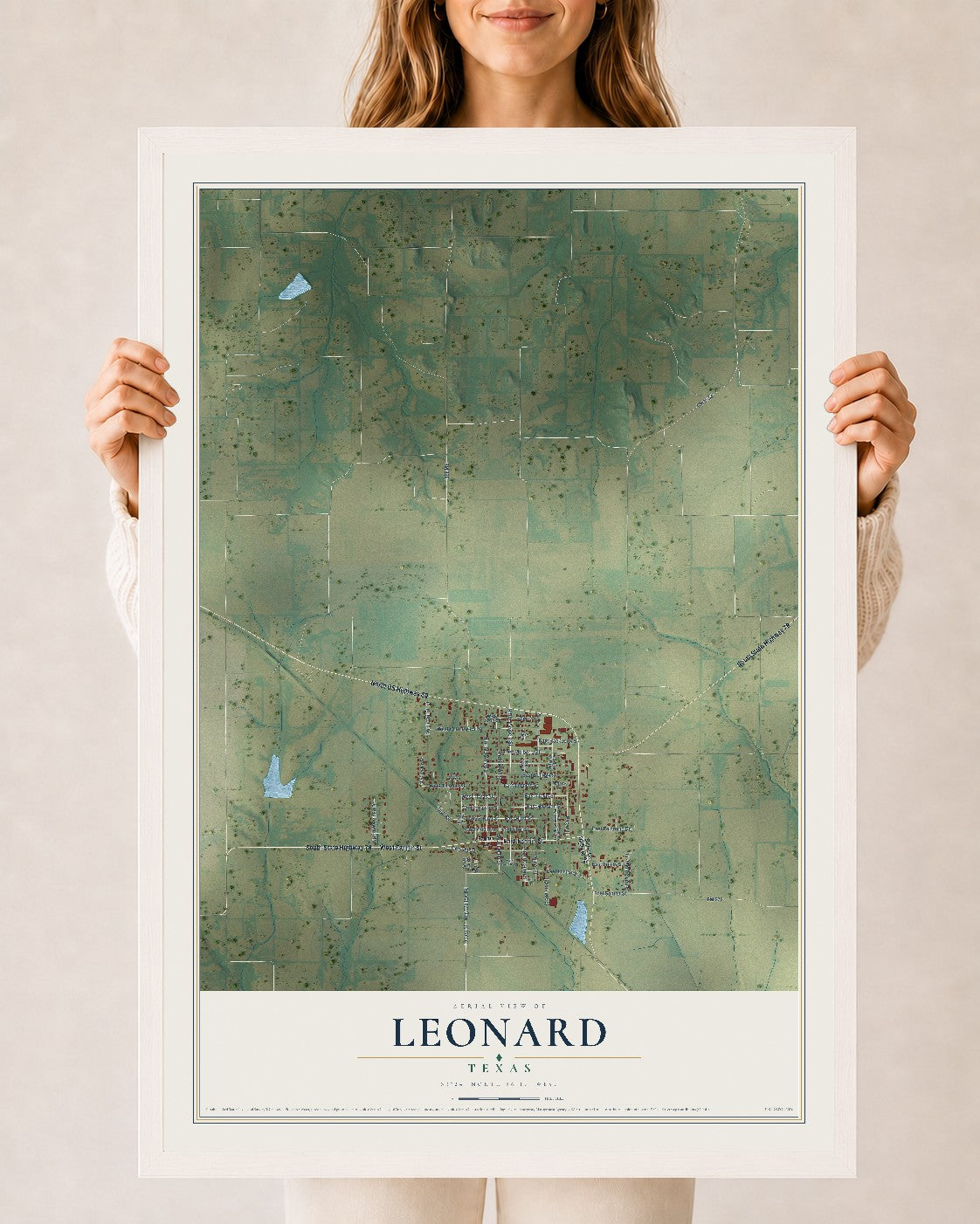 Map of Leonard, Texas, 24 x 36 inch print in a white wood frame