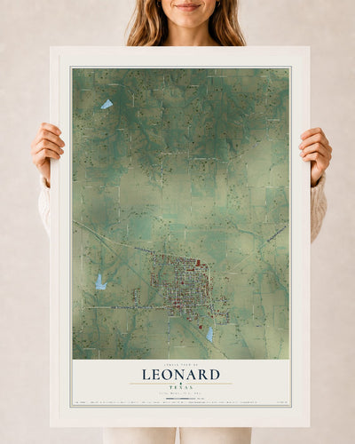 Map of Leonard, Texas, 24 x 36 inch print in a white wood frame