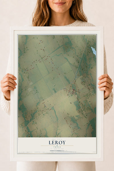 Map of Leroy, Texas, 18 x 24 inch print in a white wood frame