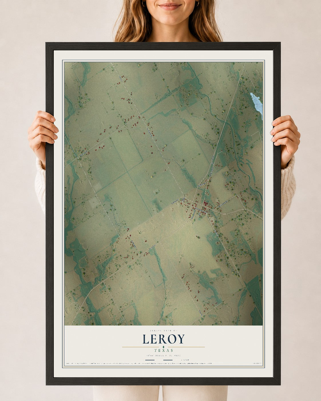 Map of Leroy, Texas, 24 x 36 inch print in a black wood frame