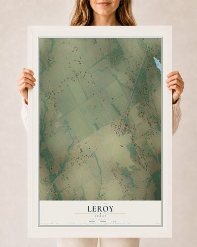 Map of Leroy, Texas, 24 x 36 inch print in a white wood frame