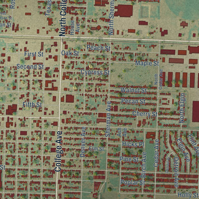 Close-up of the map of Levelland, Texas print showing street and building detail