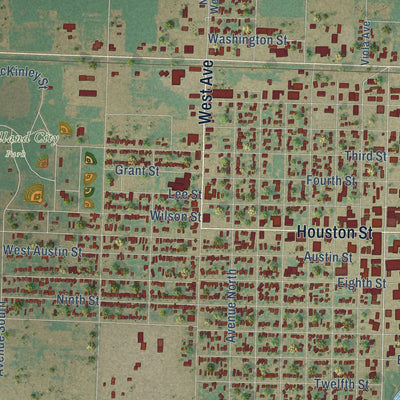 Second close-up of the map of Levelland, Texas print showing more streets and buildings