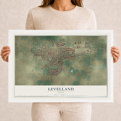 Map of Levelland, Texas, 12 x 18 inch print in a white wood frame