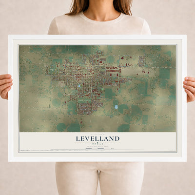 Map of Levelland, Texas, 18 x 24 inch print in a white wood frame