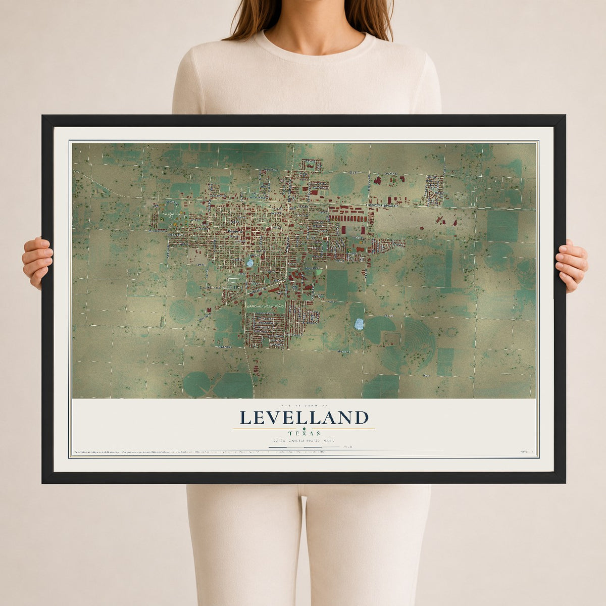 Map of Levelland, Texas, 24 x 36 inch print in a black wood frame