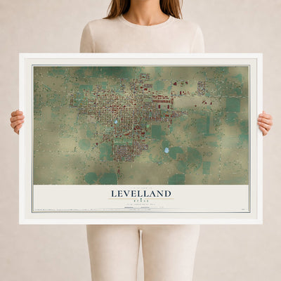 Map of Levelland, Texas, 24 x 36 inch print in a white wood frame
