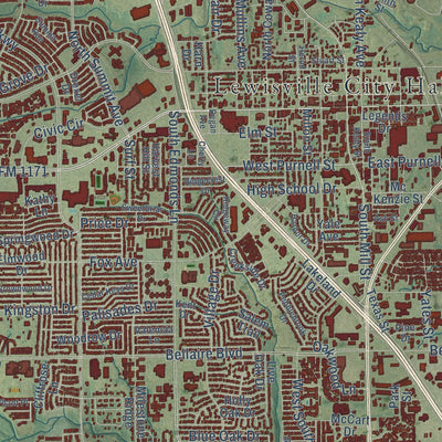 Close-up of the map of Lewisville, Texas print showing street and building detail