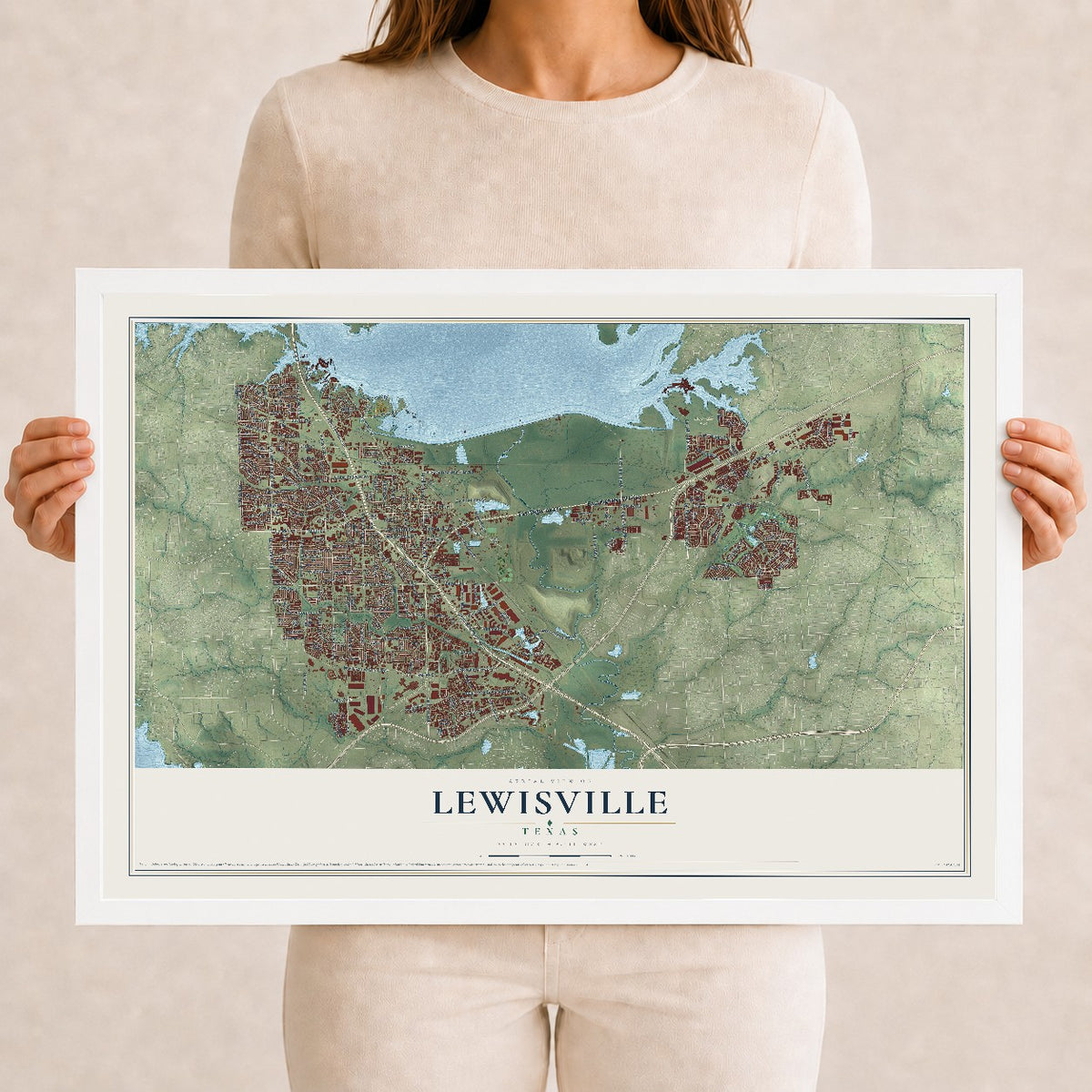 Map of Lewisville, Texas, 12 x 18 inch print in a white wood frame