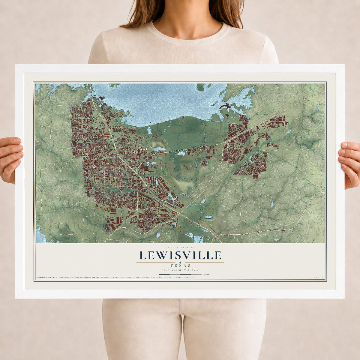 Map of Lewisville, Texas, 18 x 24 inch print in a white wood frame