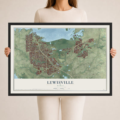 Map of Lewisville, Texas, 24 x 36 inch print in a black wood frame