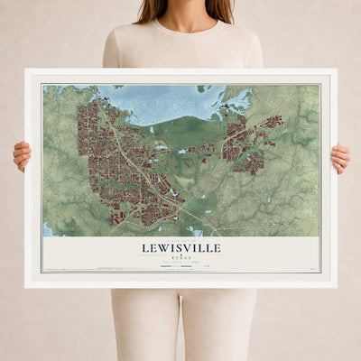 Map of Lewisville, Texas, 24 x 36 inch print in a white wood frame