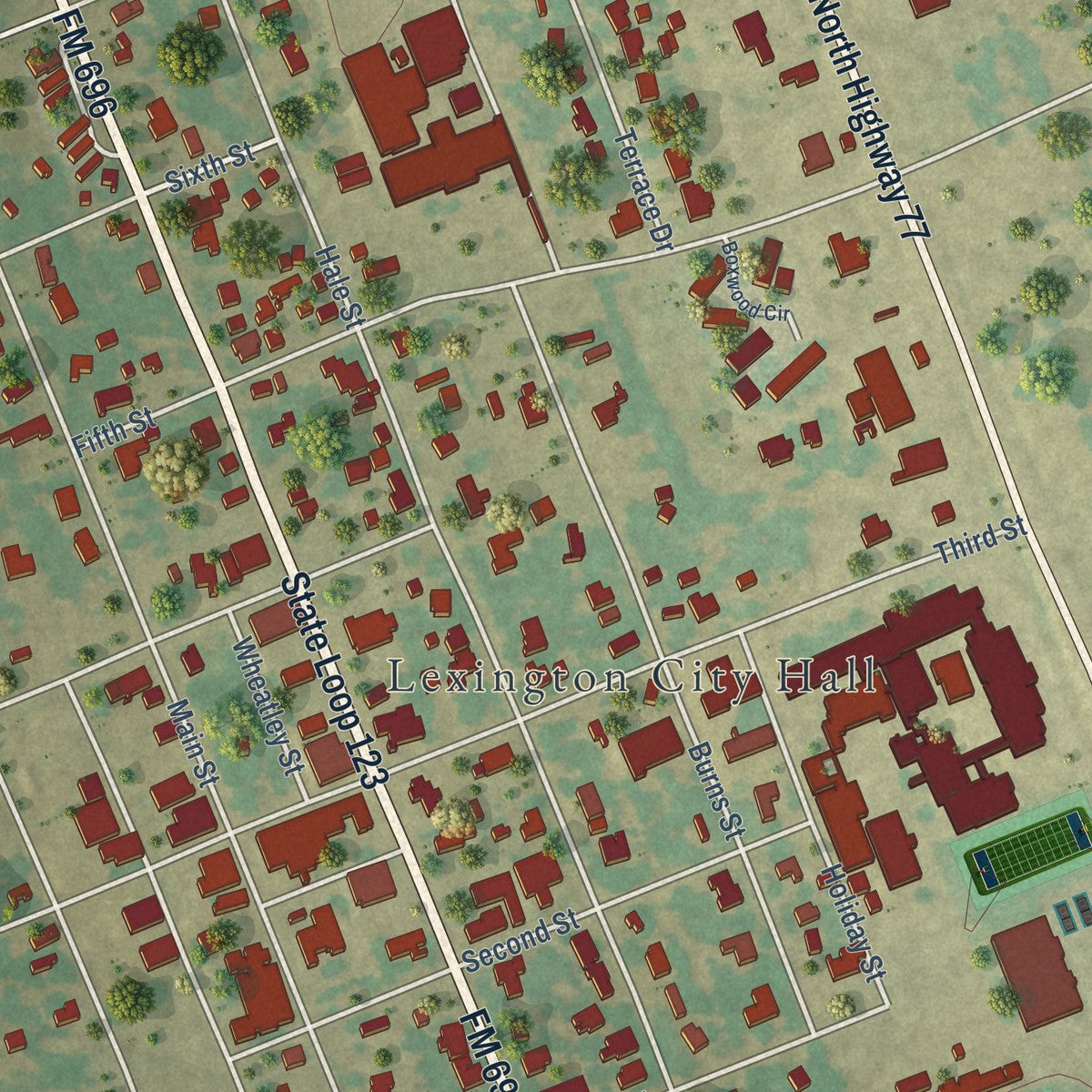 Close-up of the map of Lexington, Texas print showing street and building detail