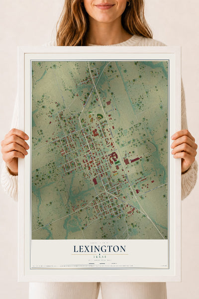 Map of Lexington, Texas, 18 x 24 inch print in a white wood frame