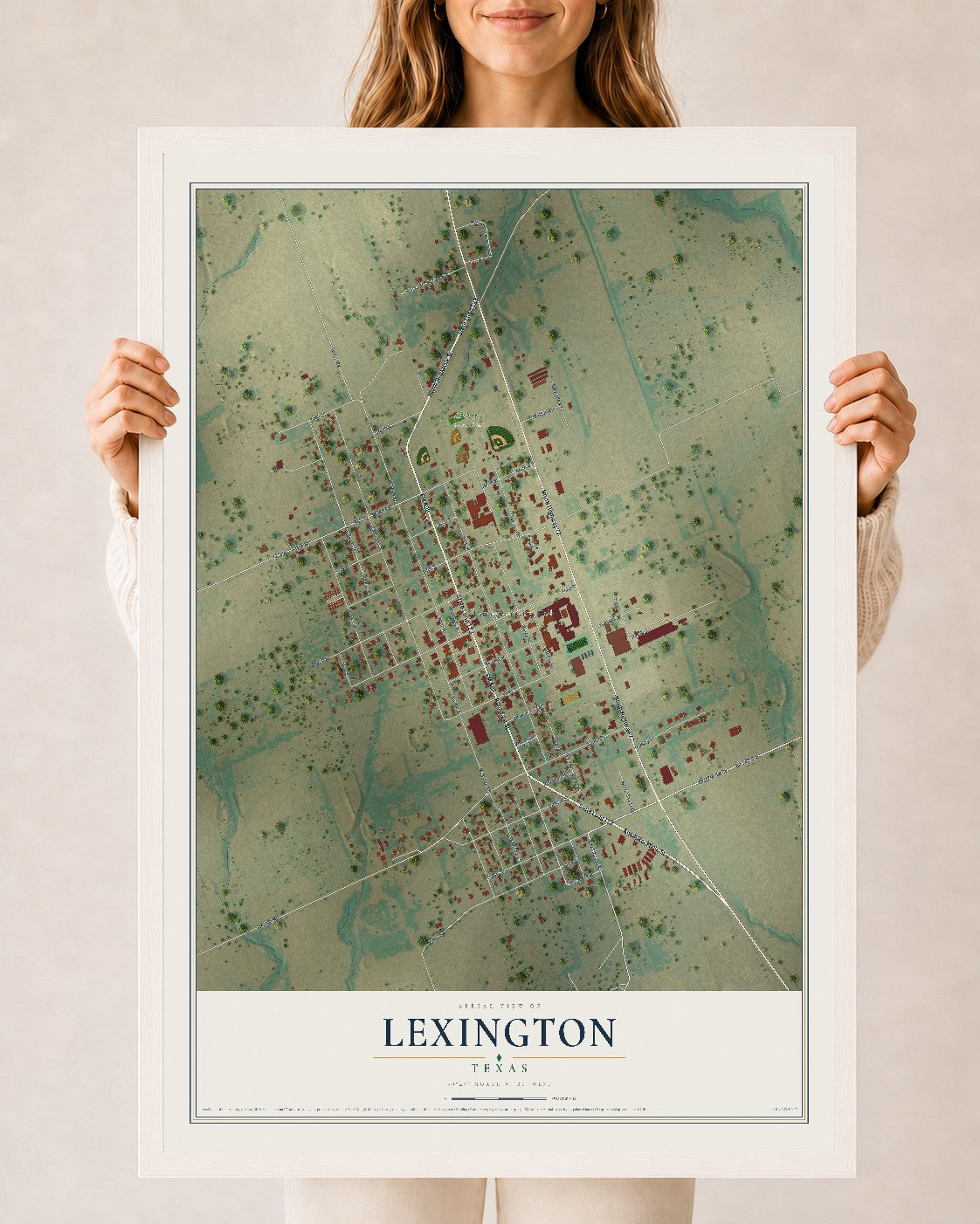 Map of Lexington, Texas, 24 x 36 inch print in a white wood frame