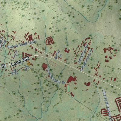 Close-up of the map of Liberty Hill, Texas print showing street and building detail