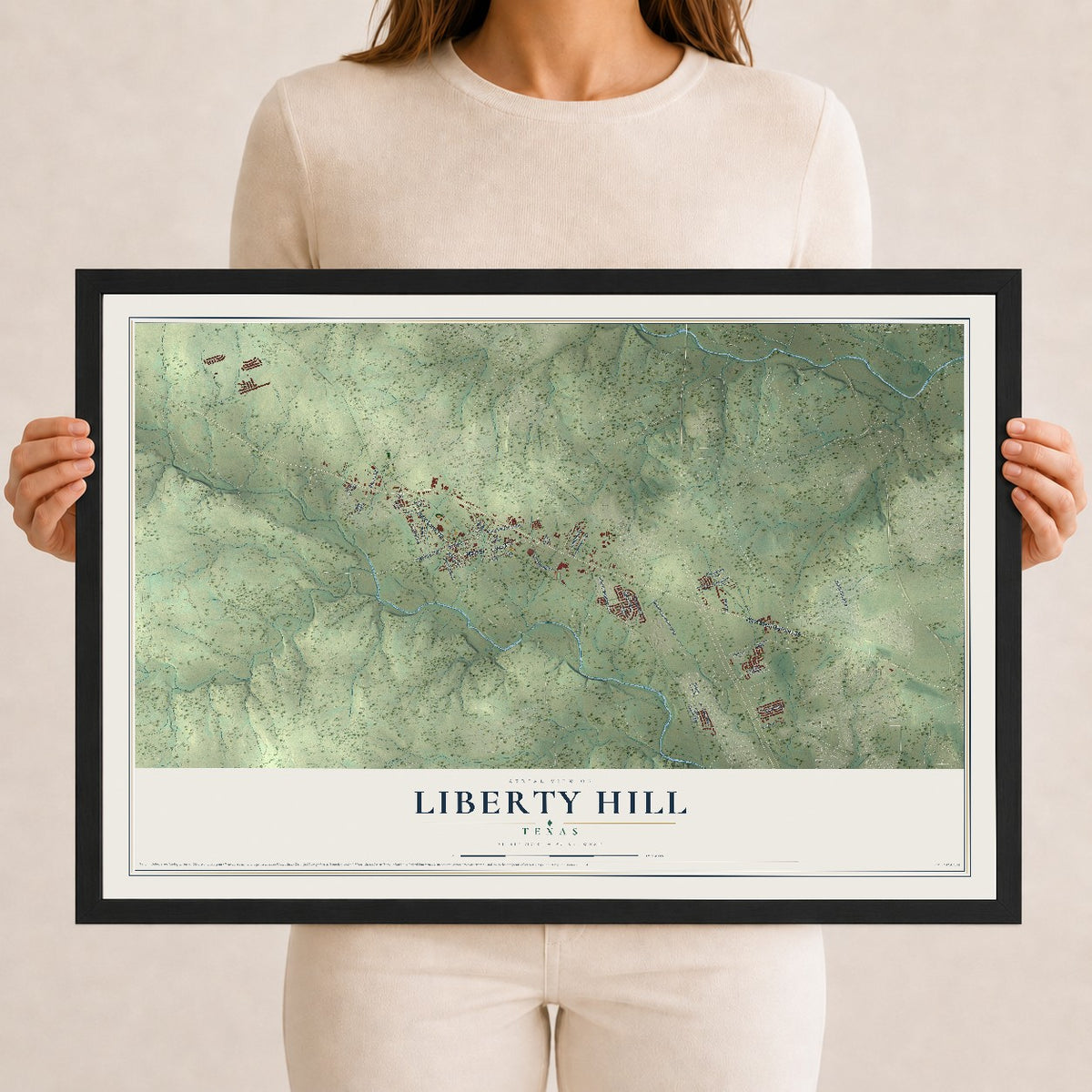 Map of Liberty Hill, Texas, 12 x 18 inch print in a black wood frame