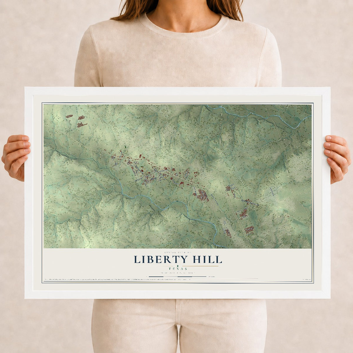 Map of Liberty Hill, Texas, 12 x 18 inch print in a white wood frame