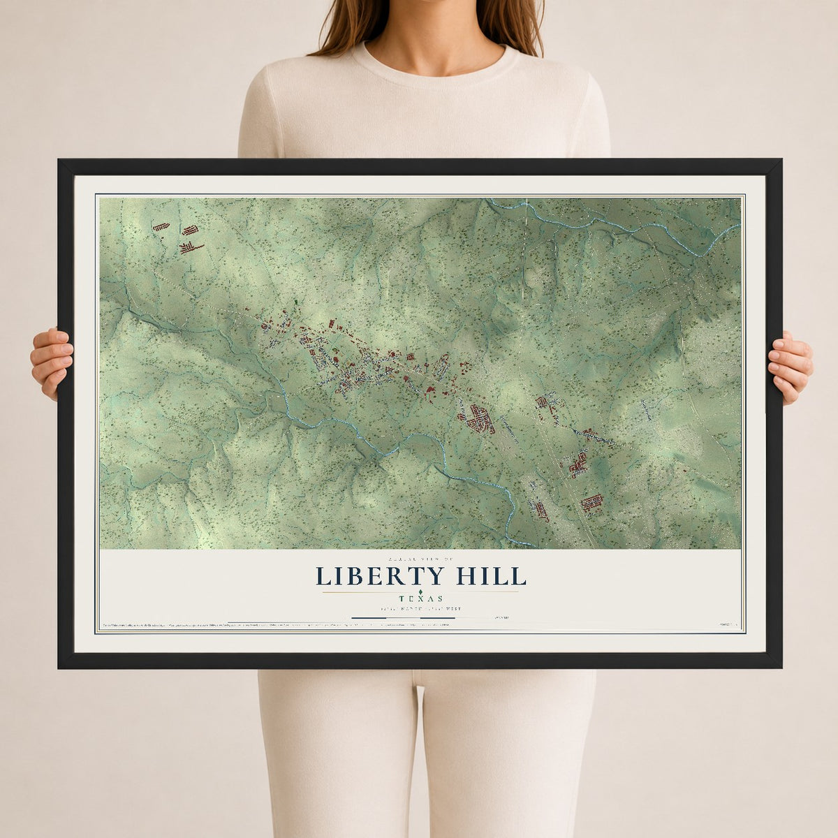 Map of Liberty Hill, Texas, 24 x 36 inch print in a black wood frame