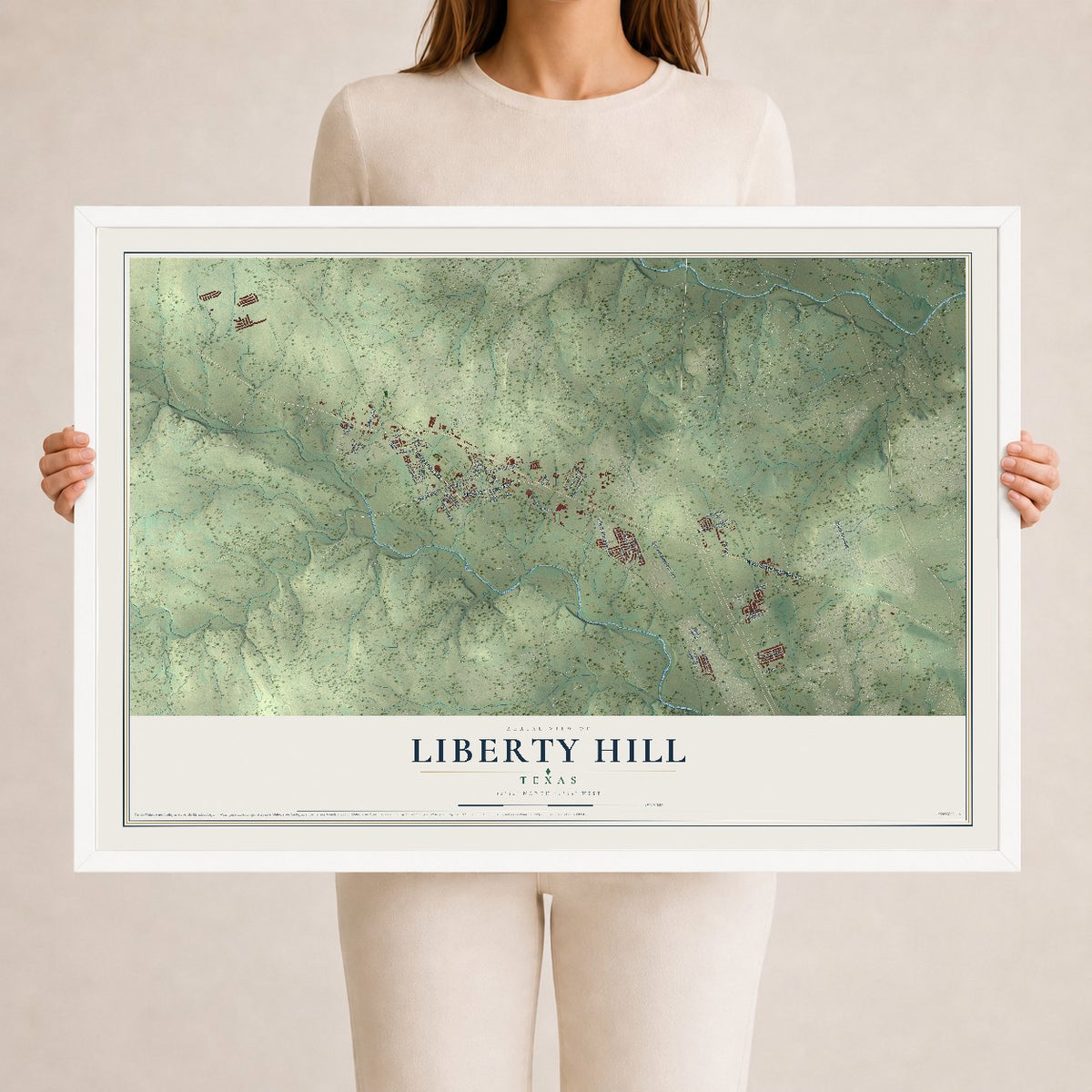 Map of Liberty Hill, Texas, 24 x 36 inch print in a white wood frame