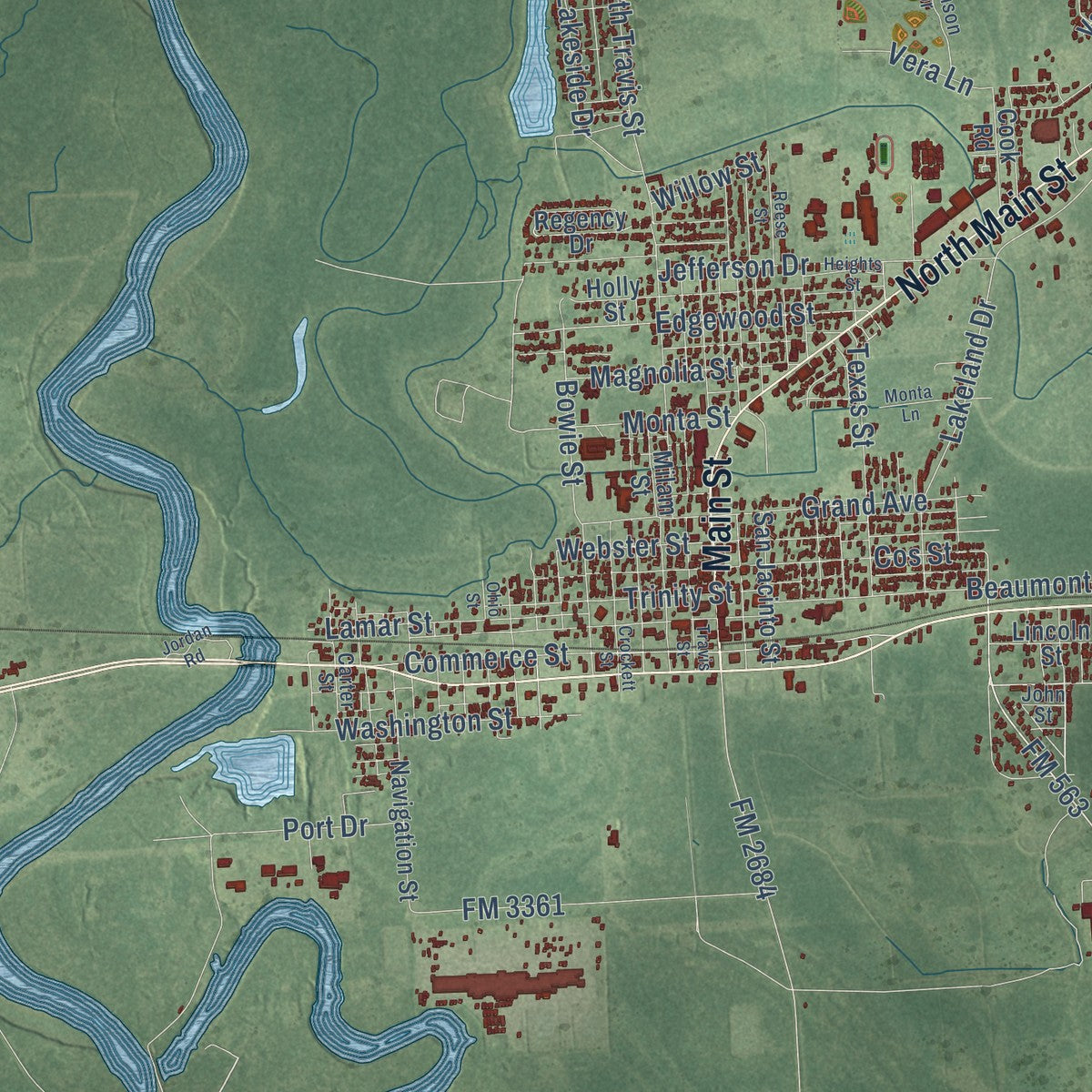 Close-up of the map of Liberty, Texas print showing street and building detail