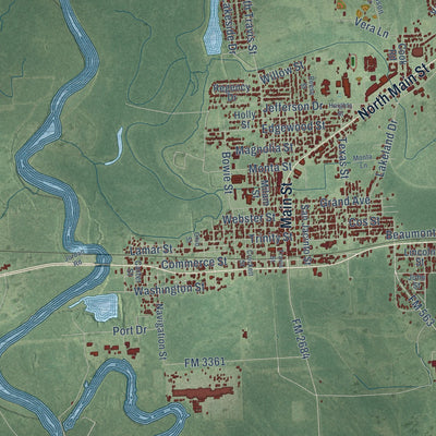 Close-up of the map of Liberty, Texas print showing street and building detail