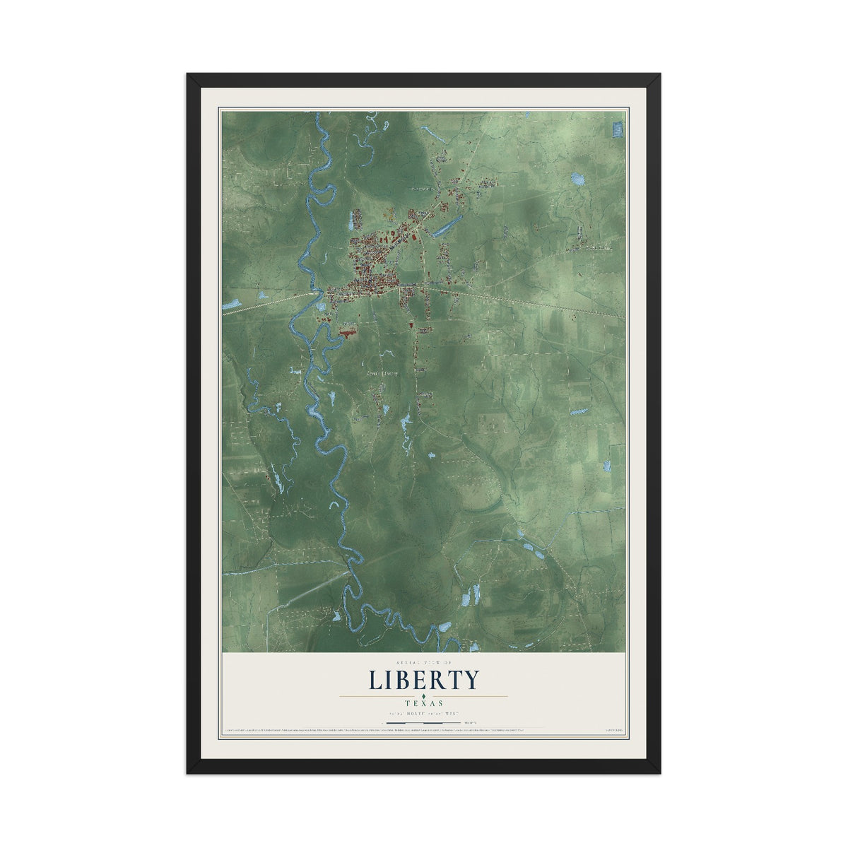 Map of Liberty, Texas, 12 x 18 inch print in a black wood frame