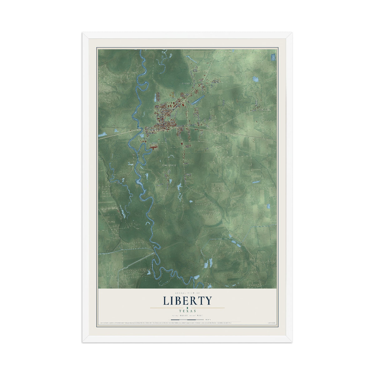 Map of Liberty, Texas, 12 x 18 inch print in a white wood frame