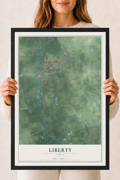 Map of Liberty, Texas, 18 x 24 inch print in a black wood frame
