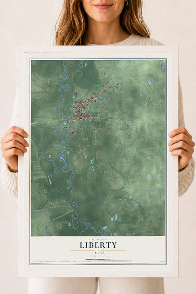 Map of Liberty, Texas, 18 x 24 inch print in a white wood frame