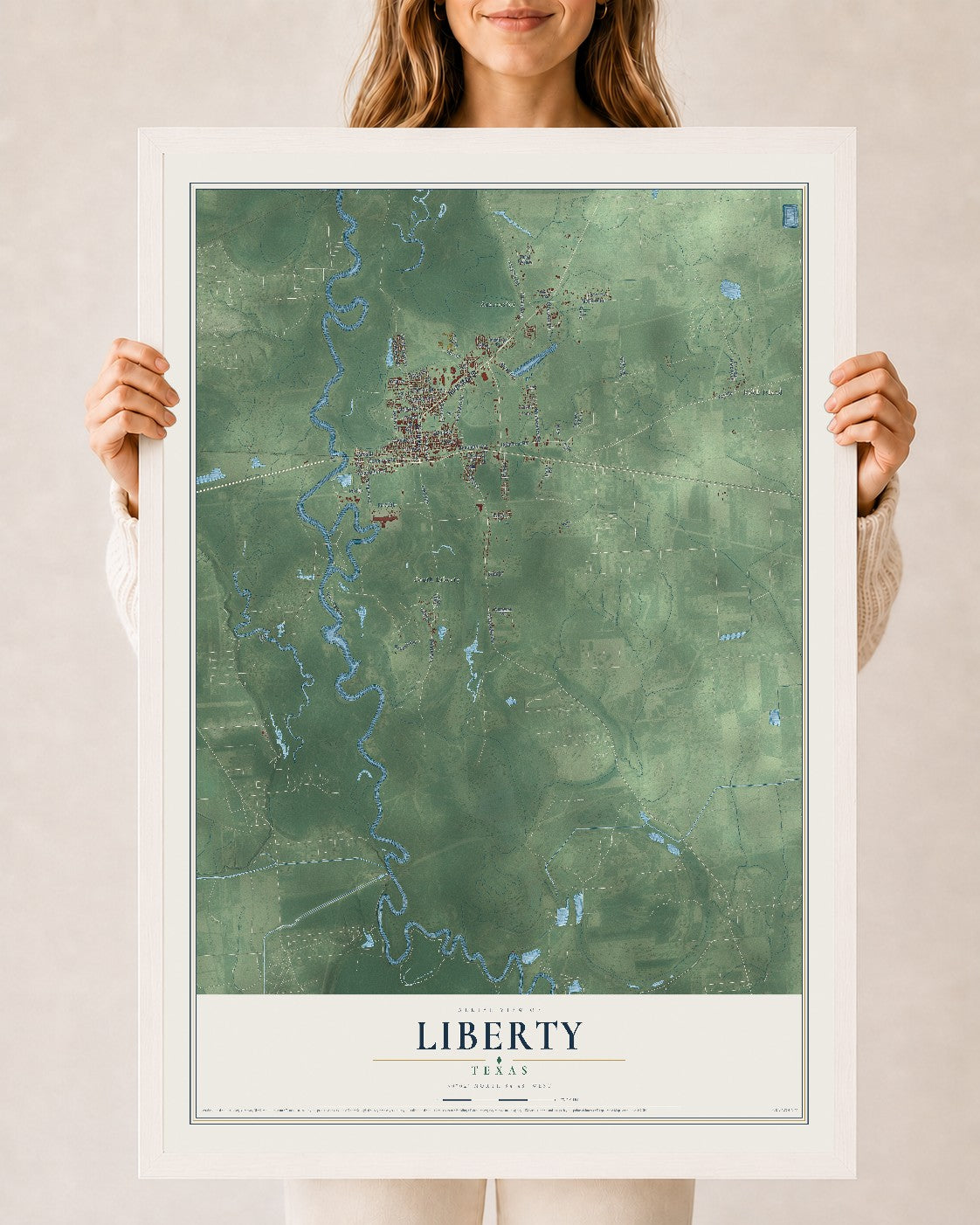 Map of Liberty, Texas, 24 x 36 inch print in a white wood frame