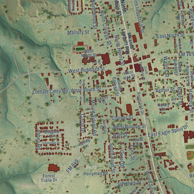 Close-up of the map of Lindale, Texas print showing street and building detail