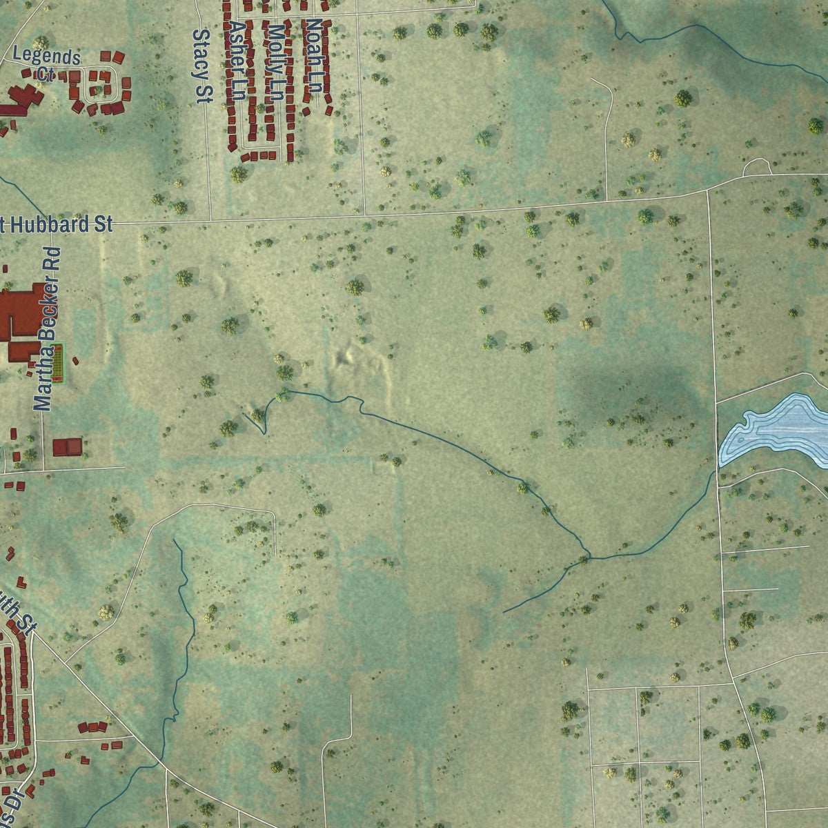 Second close-up of the map of Lindale, Texas print showing more streets and buildings