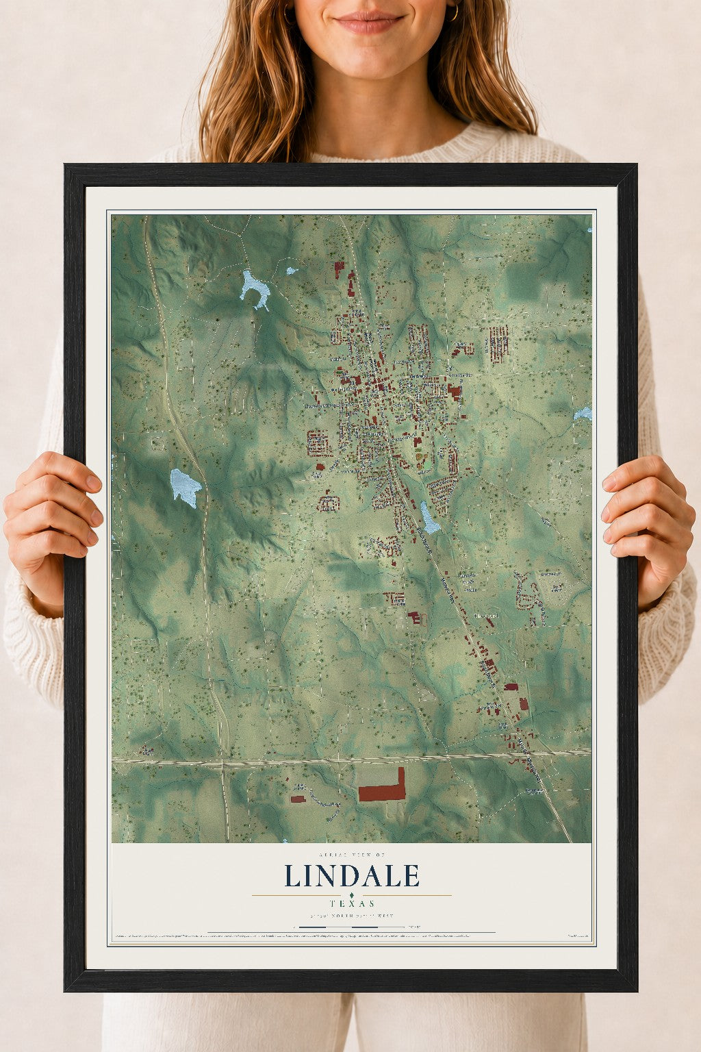 Map of Lindale, Texas, 18 x 24 inch print in a black wood frame