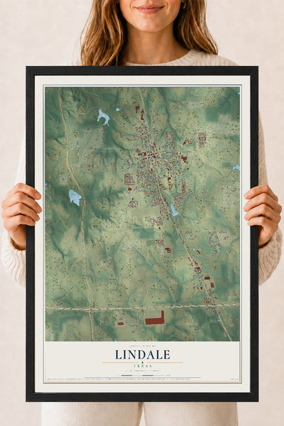 Map of Lindale, Texas, 18 x 24 inch print in a black wood frame