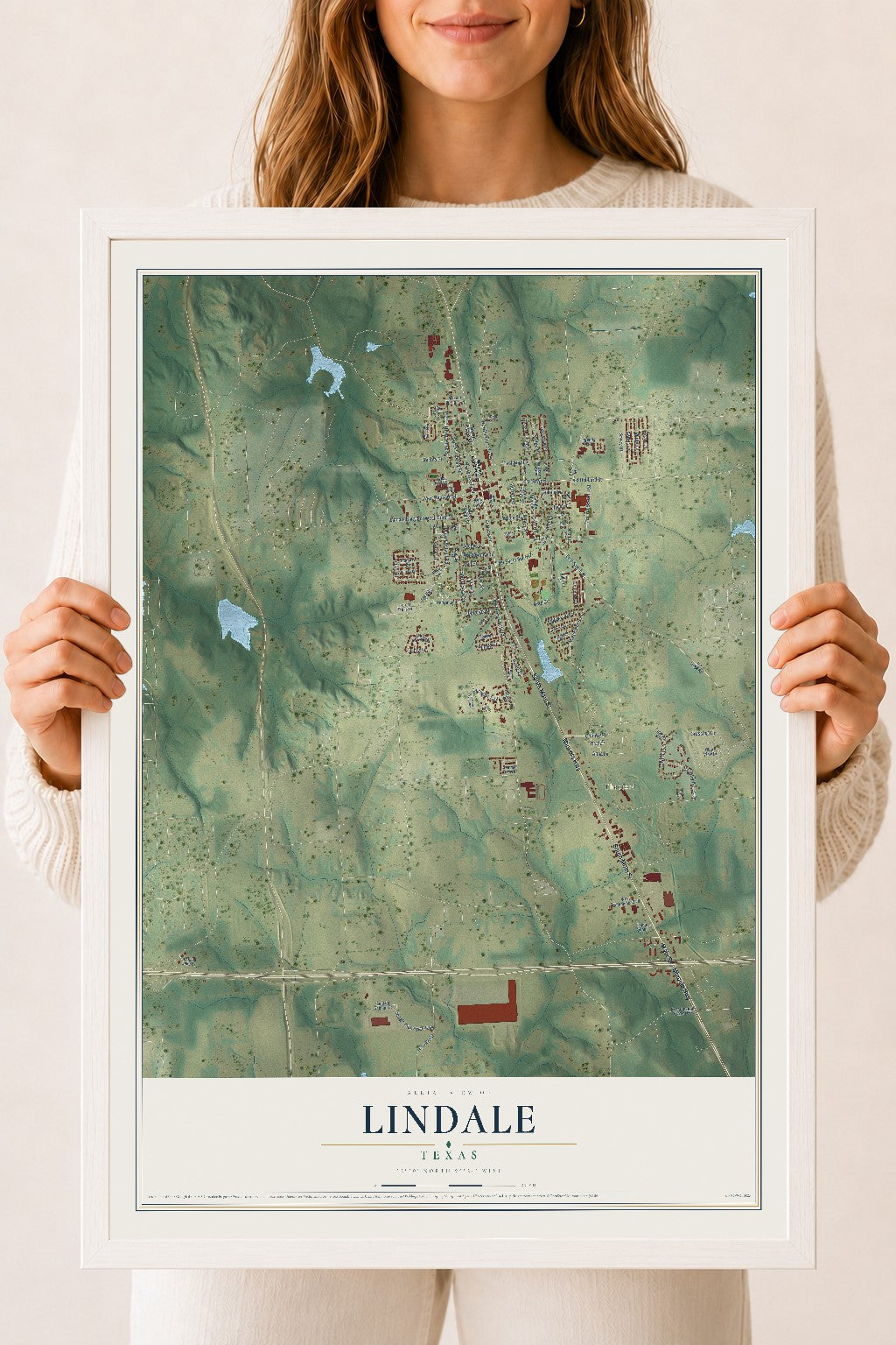 Map of Lindale, Texas, 18 x 24 inch print in a white wood frame
