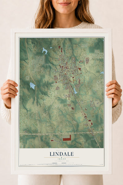 Map of Lindale, Texas, 18 x 24 inch print in a white wood frame