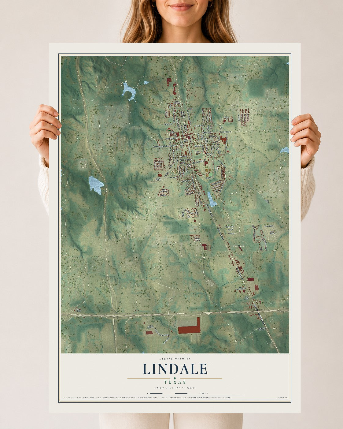 Map of Lindale, Texas, 24 x 36 inch unframed archival matte print