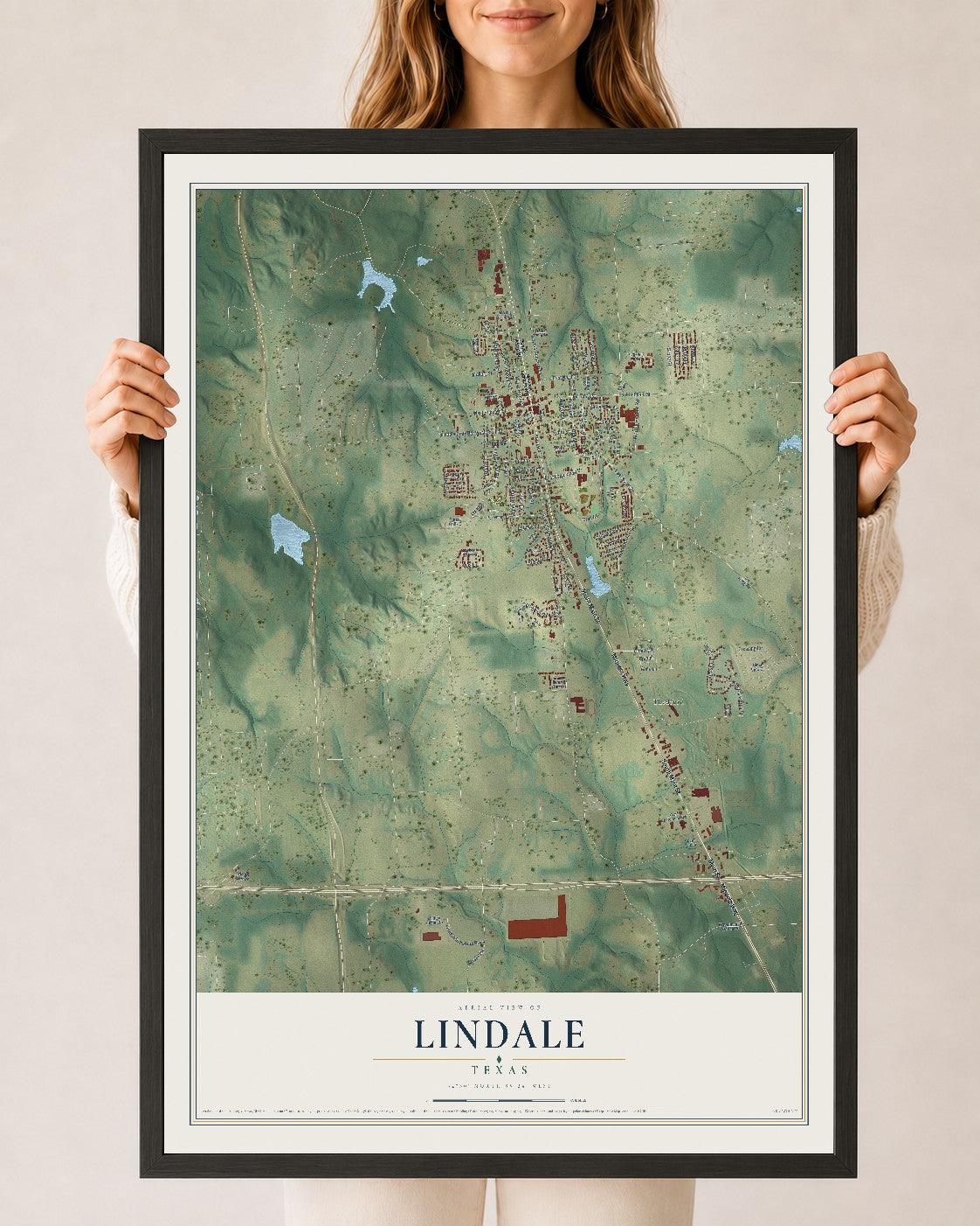 Map of Lindale, Texas, 24 x 36 inch print in a black wood frame