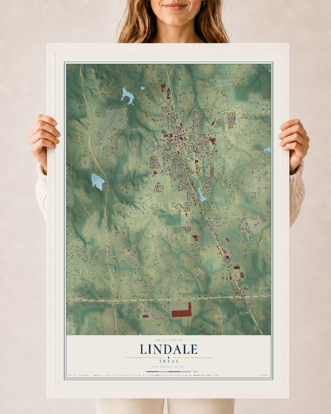 Map of Lindale, Texas, 24 x 36 inch print in a white wood frame