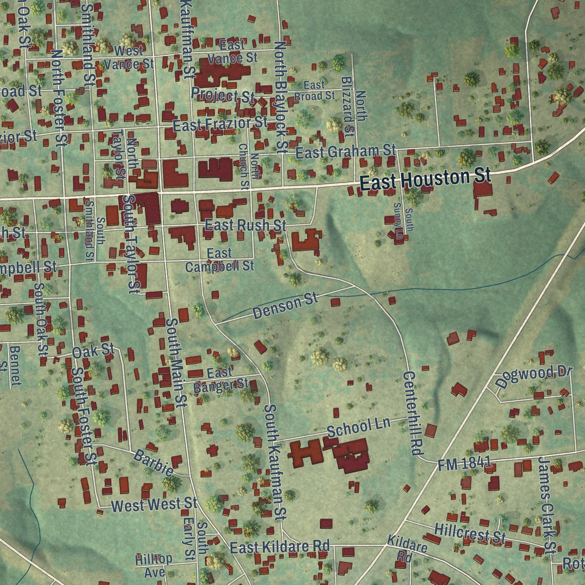 Close-up of the map of Linden, Texas print showing street and building detail