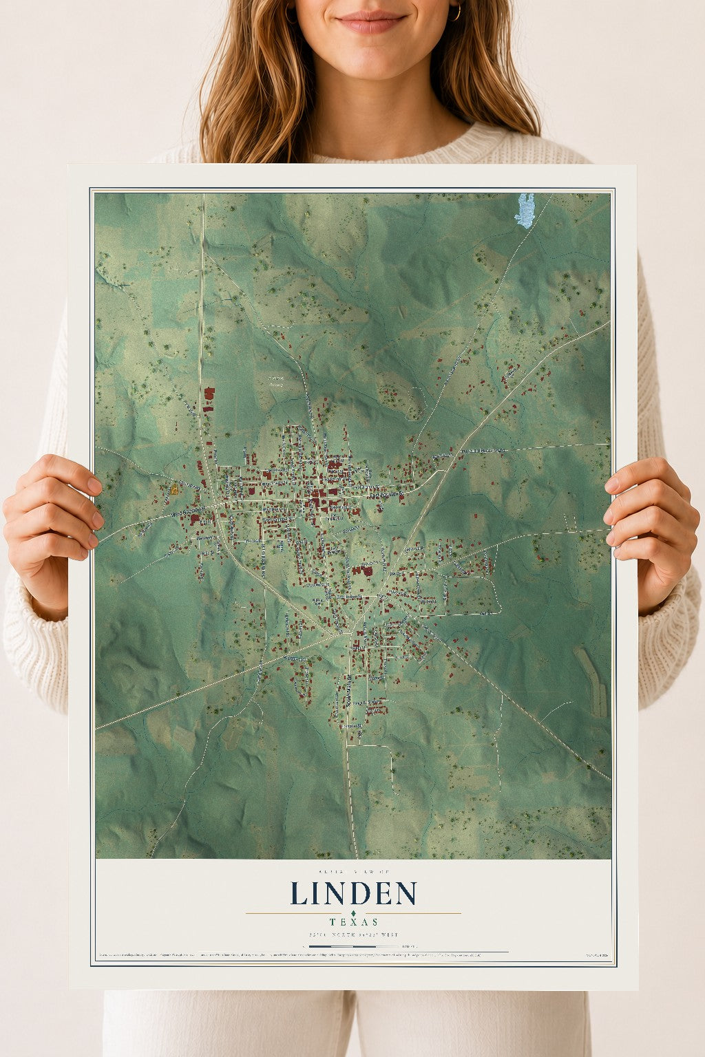 Map of Linden, Texas, 18 x 24 inch unframed archival matte print