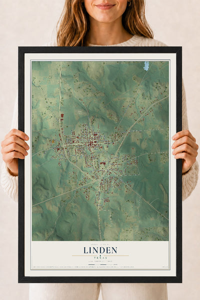 Map of Linden, Texas, 18 x 24 inch print in a black wood frame