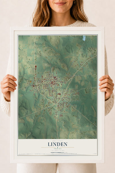 Map of Linden, Texas, 18 x 24 inch print in a white wood frame